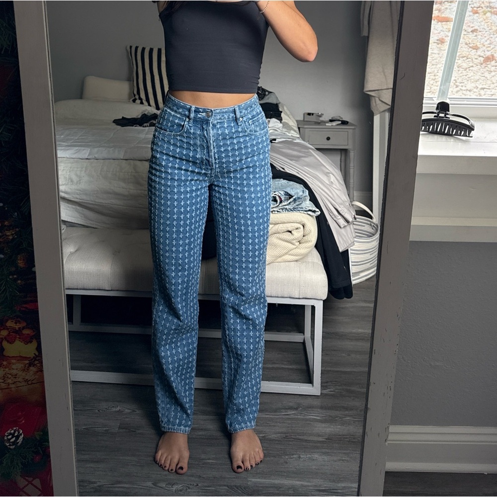 PacSun Blue High-Rise Patterned Straight Jeans